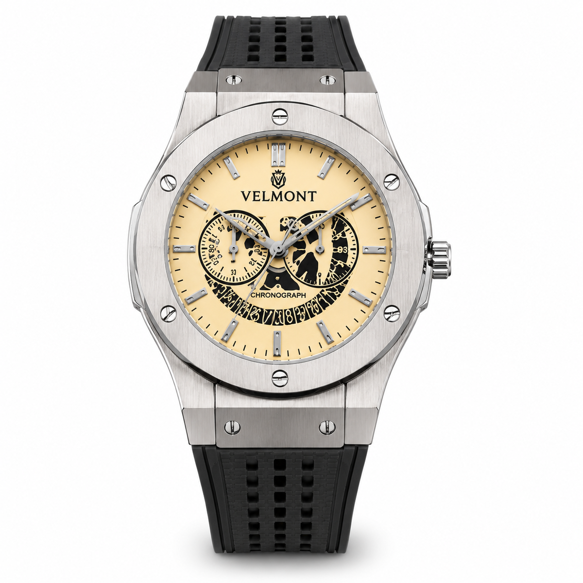 VELMONT Noir Edge Men’s Chronograph-Style Watch – Silver Dial, Gunmetal Case & Textured Strap
