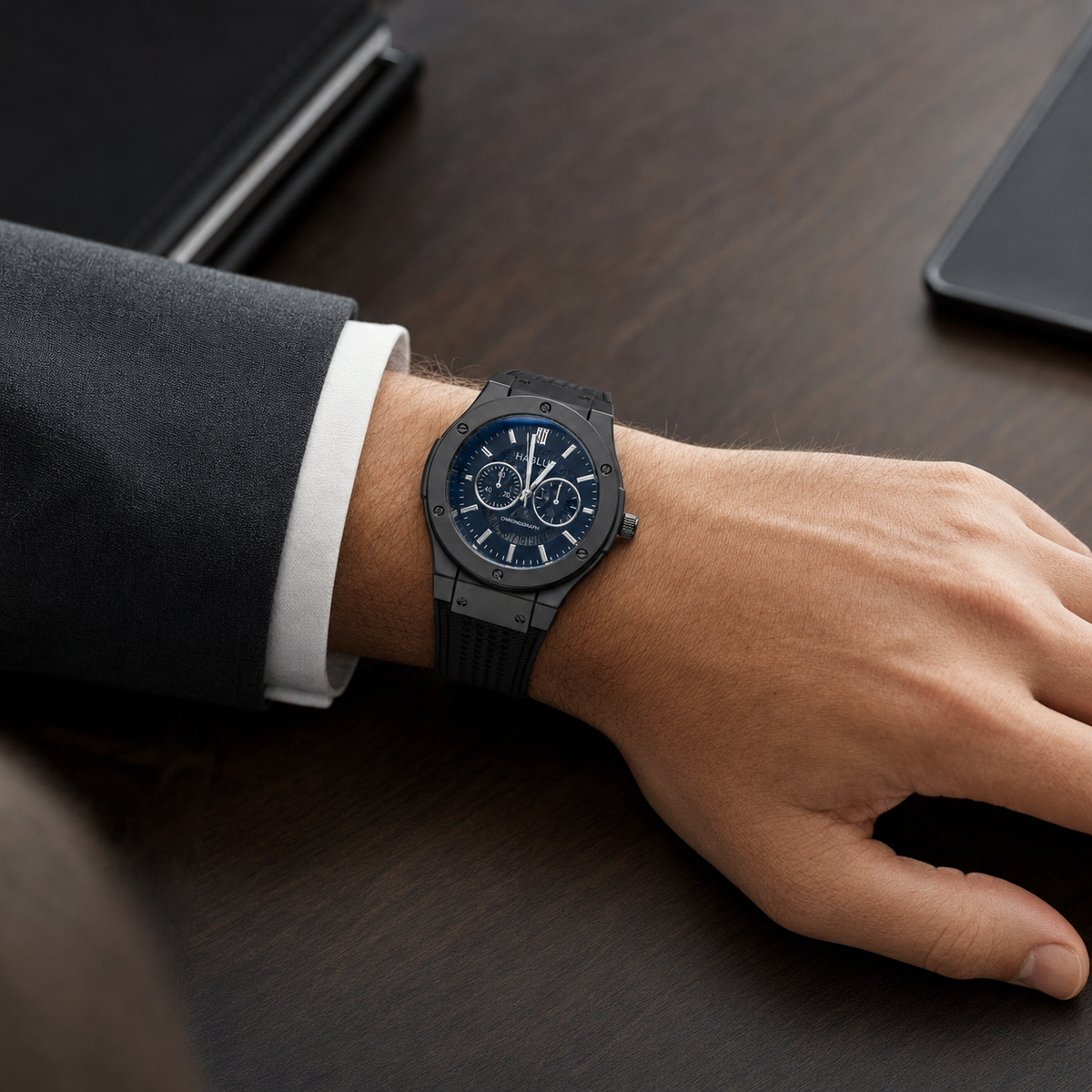 VELMONT Noir Edge Men’s Chronograph-Style Watch – Silver Dial, Gunmetal Case & Textured Strap