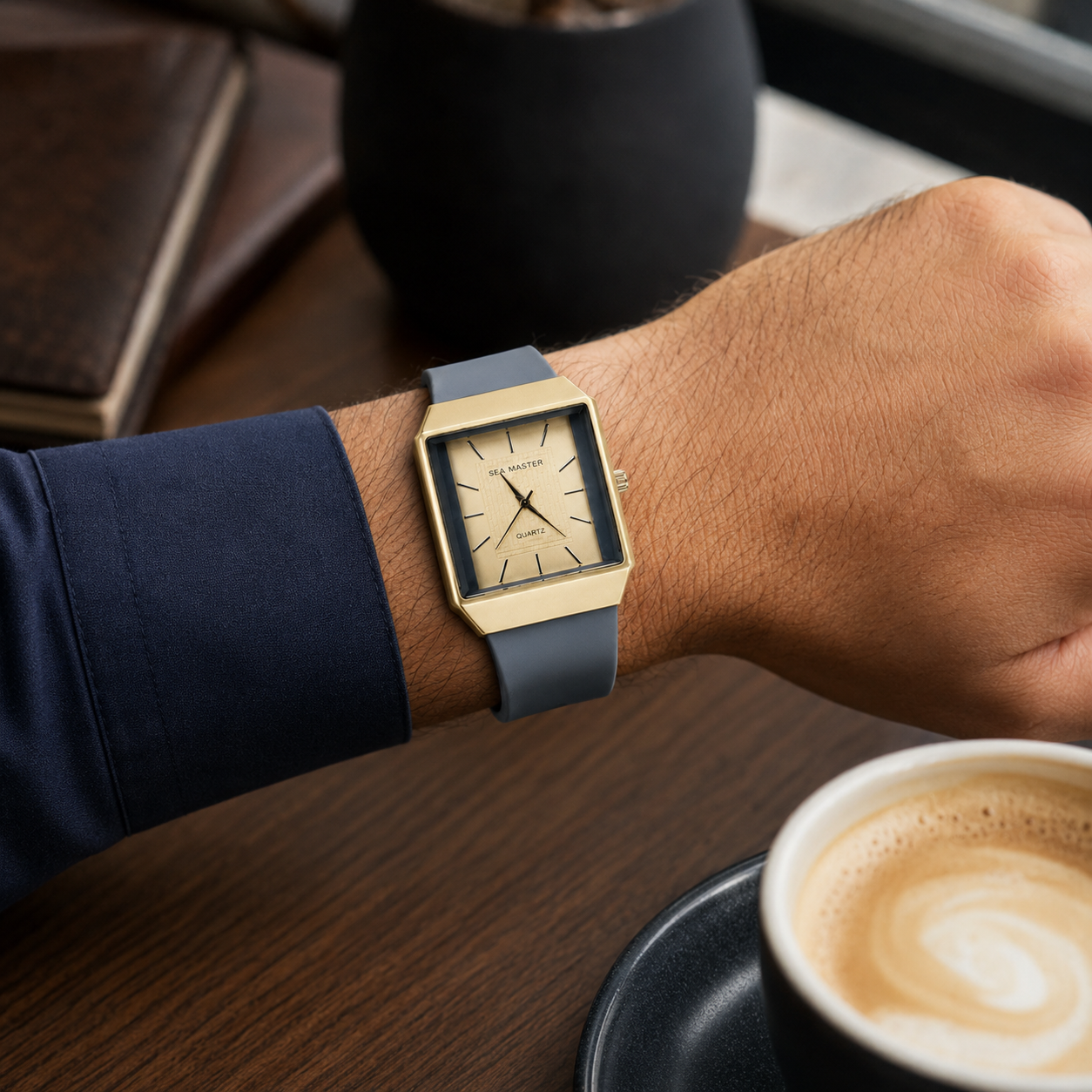 Square Dial Quartz Watch for Men – Silver-Tone Case & Grey Silicone Strap
