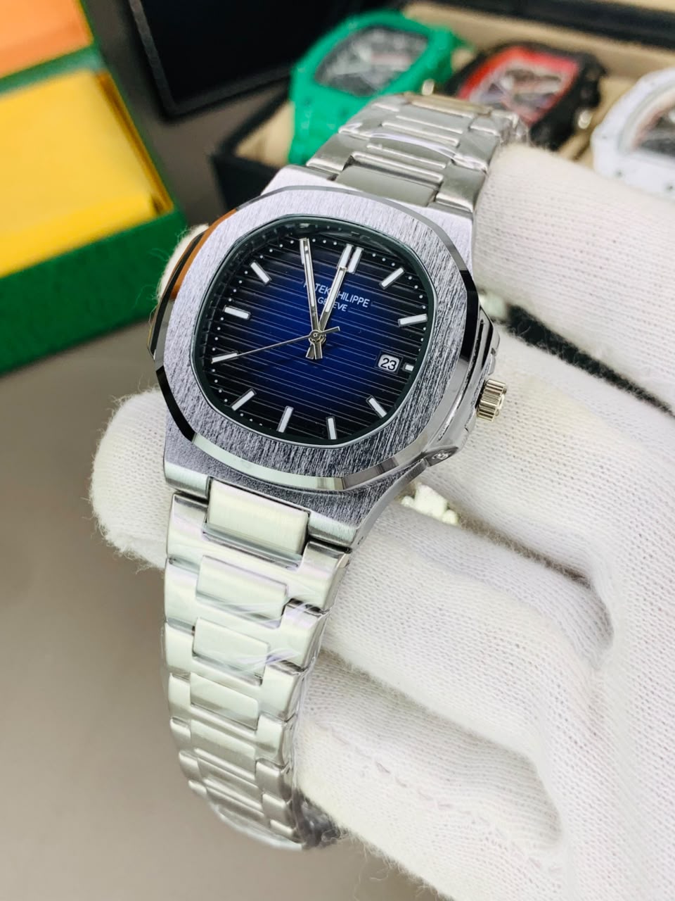 Nautilus Style Stainless Steel Watch – Blue Dial
