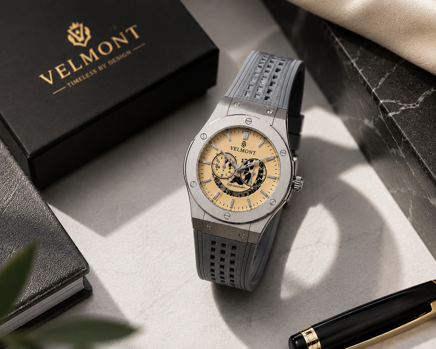 VELMONT Noir Edge Men’s Chronograph-Style Watch – Silver Dial, Gunmetal Case & Textured Strap