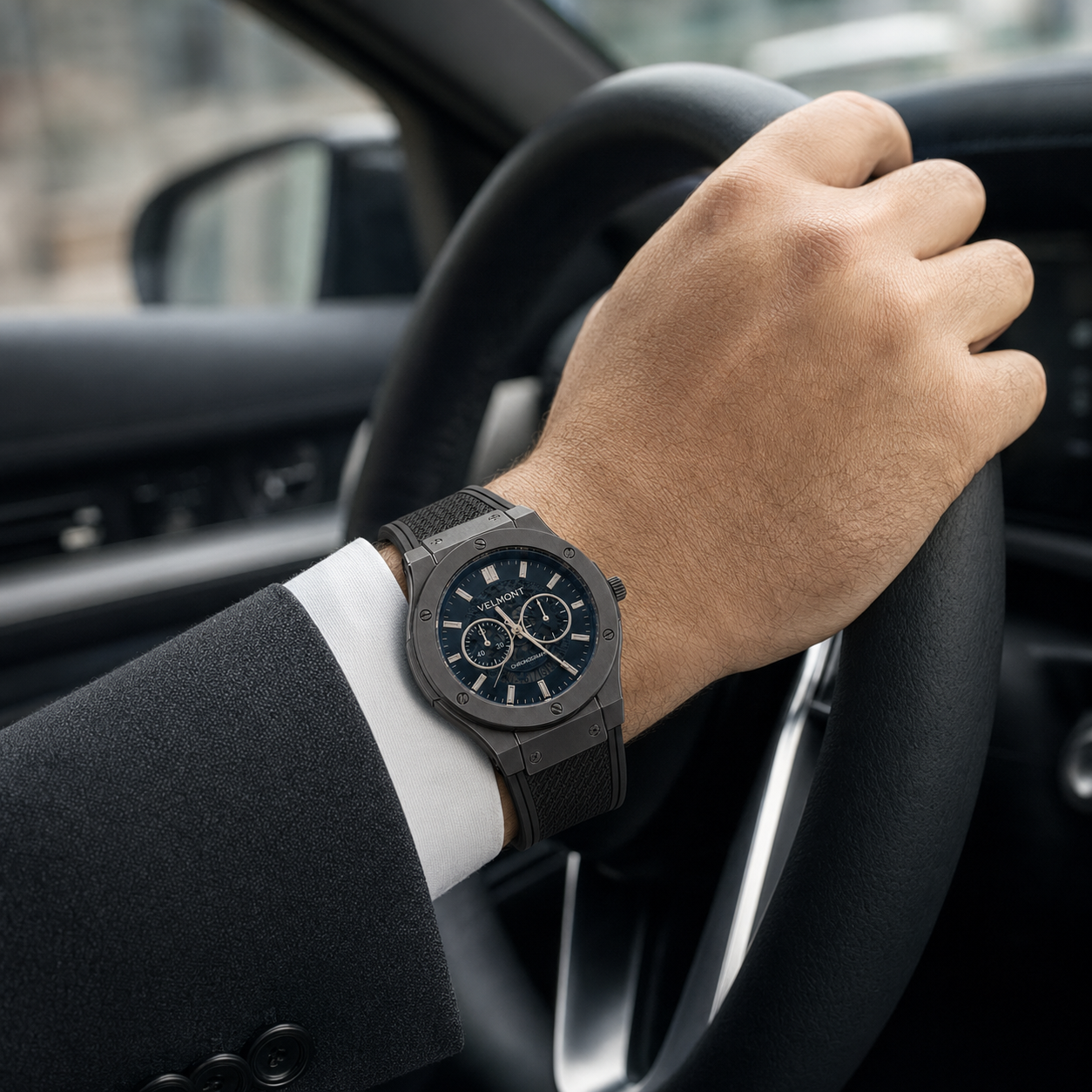 VELMONT Noir Edge Men’s Chronograph-Style Watch – Silver Dial, Gunmetal Case & Textured Strap