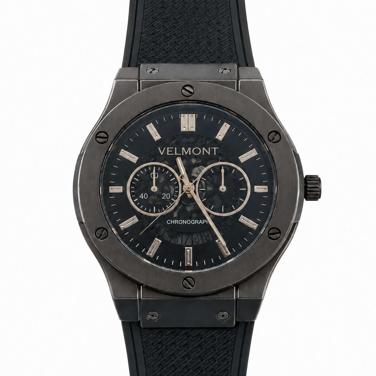 VELMONT Noir Edge Men’s Chronograph-Style Watch – Silver Dial, Gunmetal Case & Textured Strap