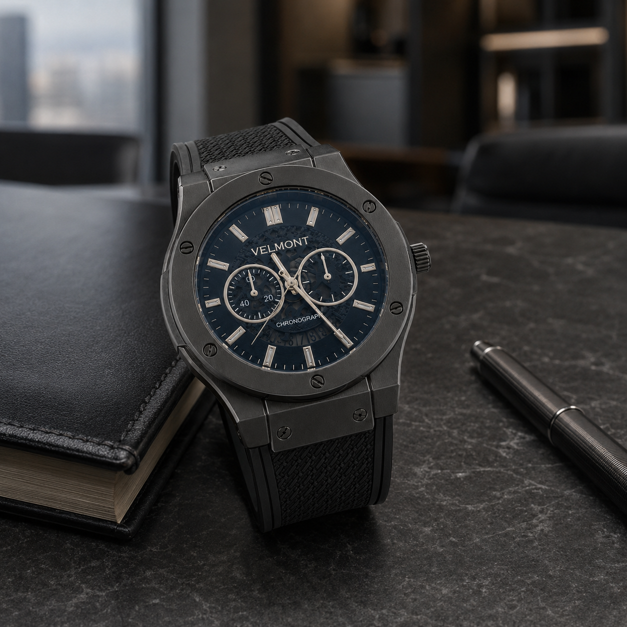 VELMONT Noir Edge Men’s Chronograph-Style Watch – Silver Dial, Gunmetal Case & Textured Strap